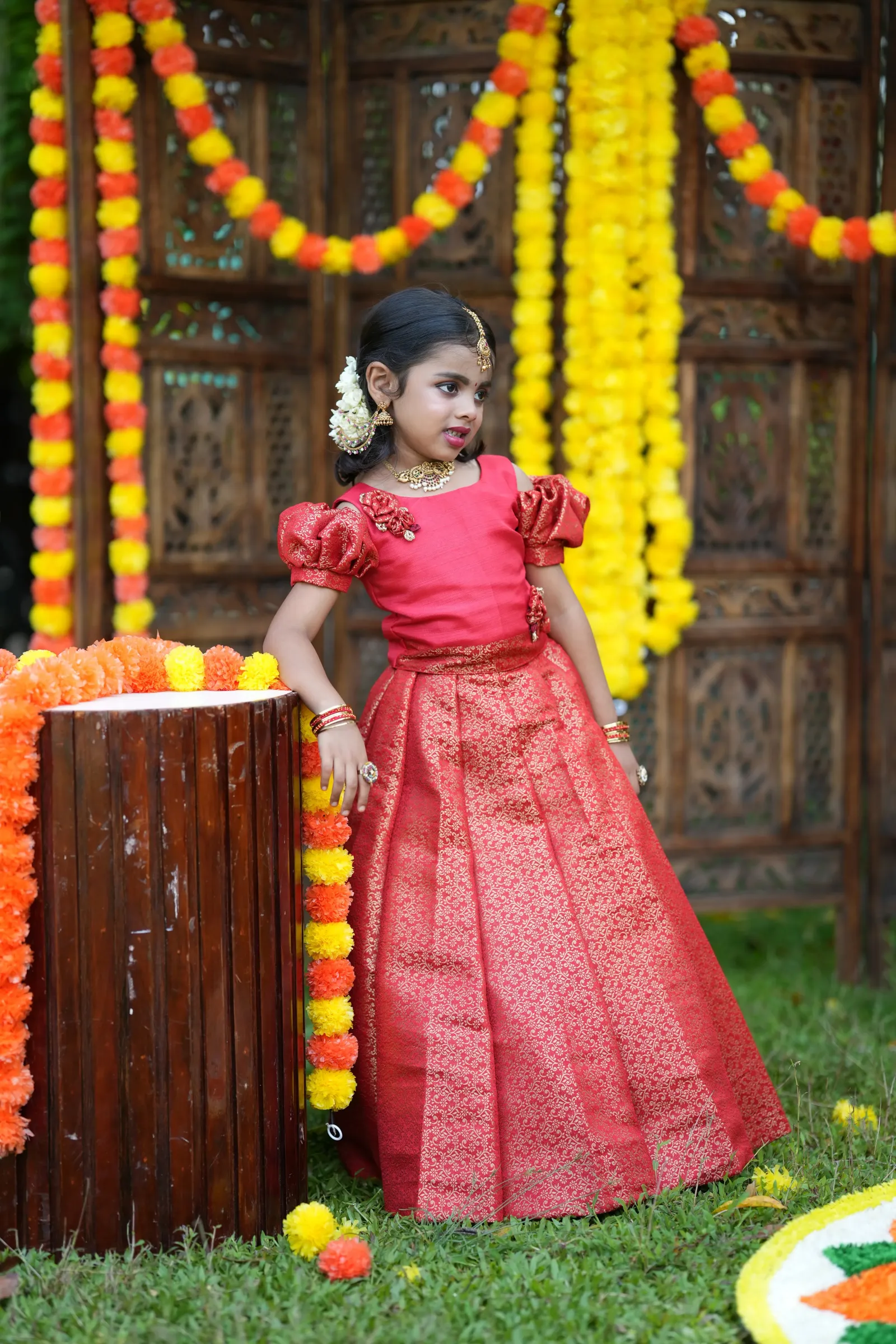 Red Full Brocade Skirt & Crop Top